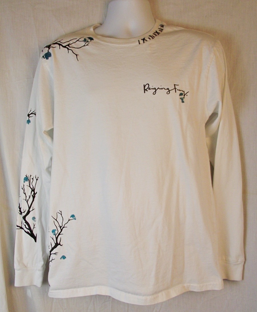STREETWEAR Reigning Fury Mens Long Sleeve Tee White Glitter Skulls Branches Med