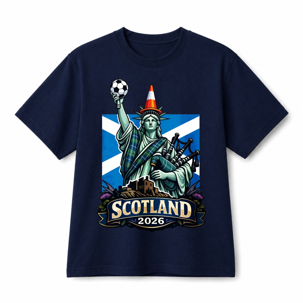 Scotland 2026 Liberty Statue Soccer Bagpipes Retro Graphic Cotton T-Shirt Unisex