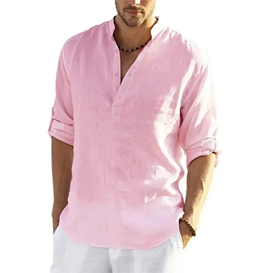 Men&rsquo;s Cotton Linen Henley Long Sleeve Shirt Casual Beach T-shirt Tee Summer Gift