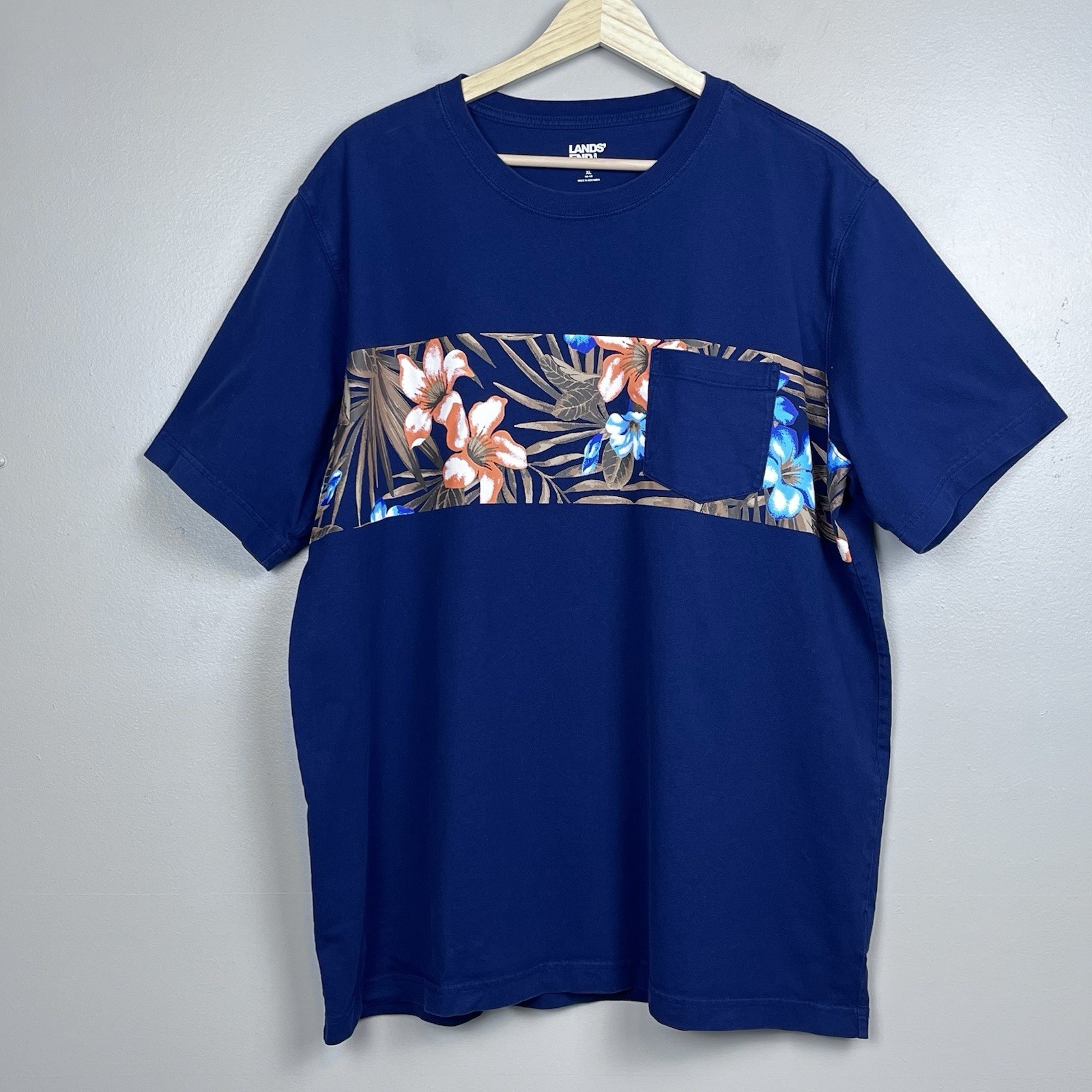 Lands End Super-T Men&rsquo;s Cotton Hawaiian Print Colorblock Pocket Tee Size XL