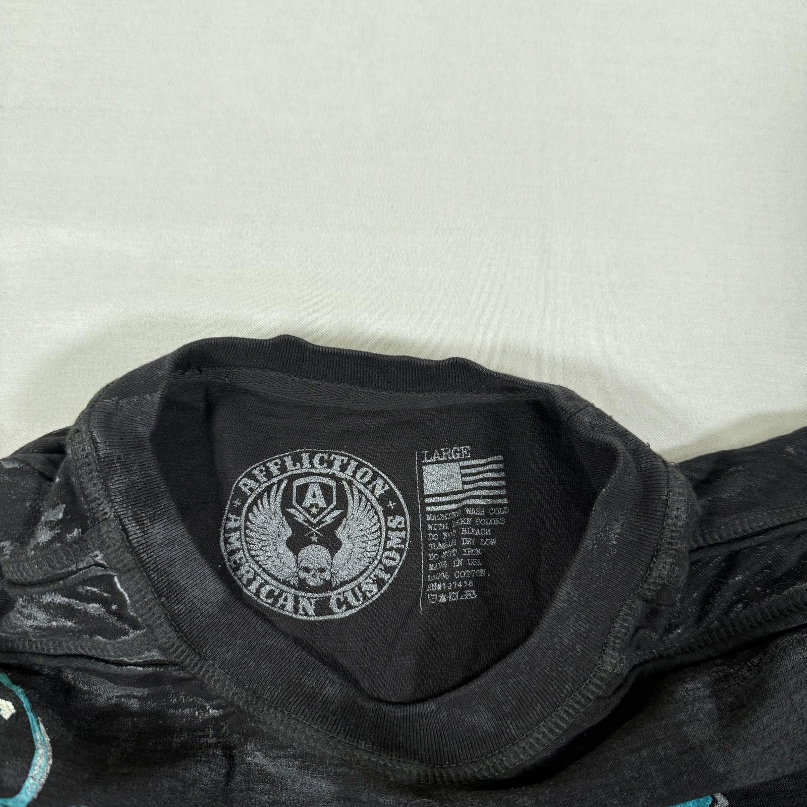 Vintage Affliction Shirt Mens Large Black Skull Racing Long Sleeve Cross AOP Y2K