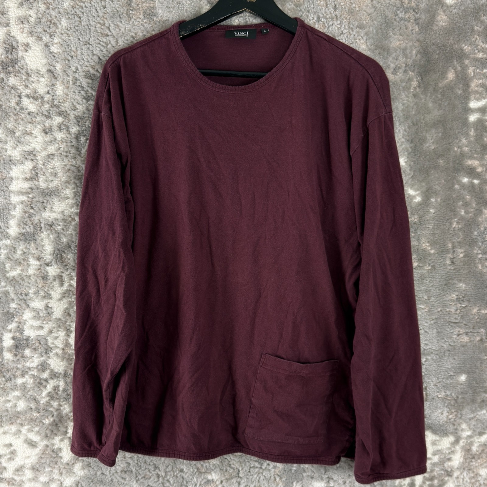 Vinci Pour L&rsquo;Homme Size L Minimalist Pocket Casual T Shirt Burgundy Long Sleeve