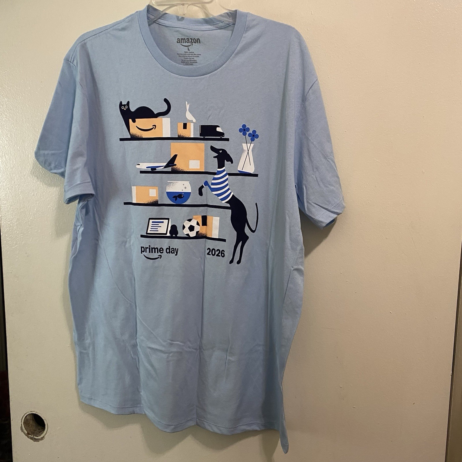 Amazon L Large 46” 2026 Prime Day Tee T Shirt Light Blue Cat & Dog Mens Womens