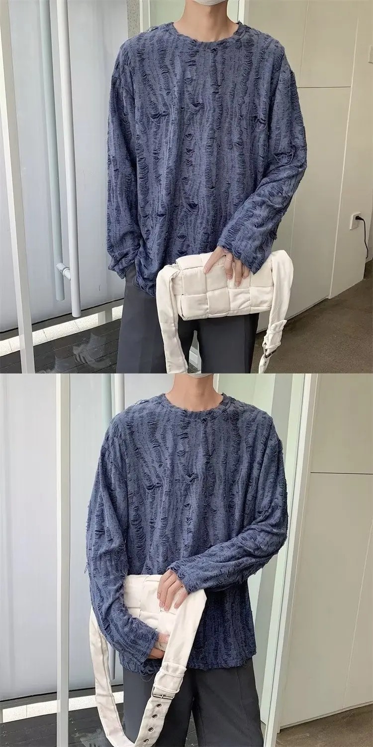 Men&rsquo;s Distressed Long Sleeve T-Shirt Harajuku Aesthetic Ripped Pullover Top