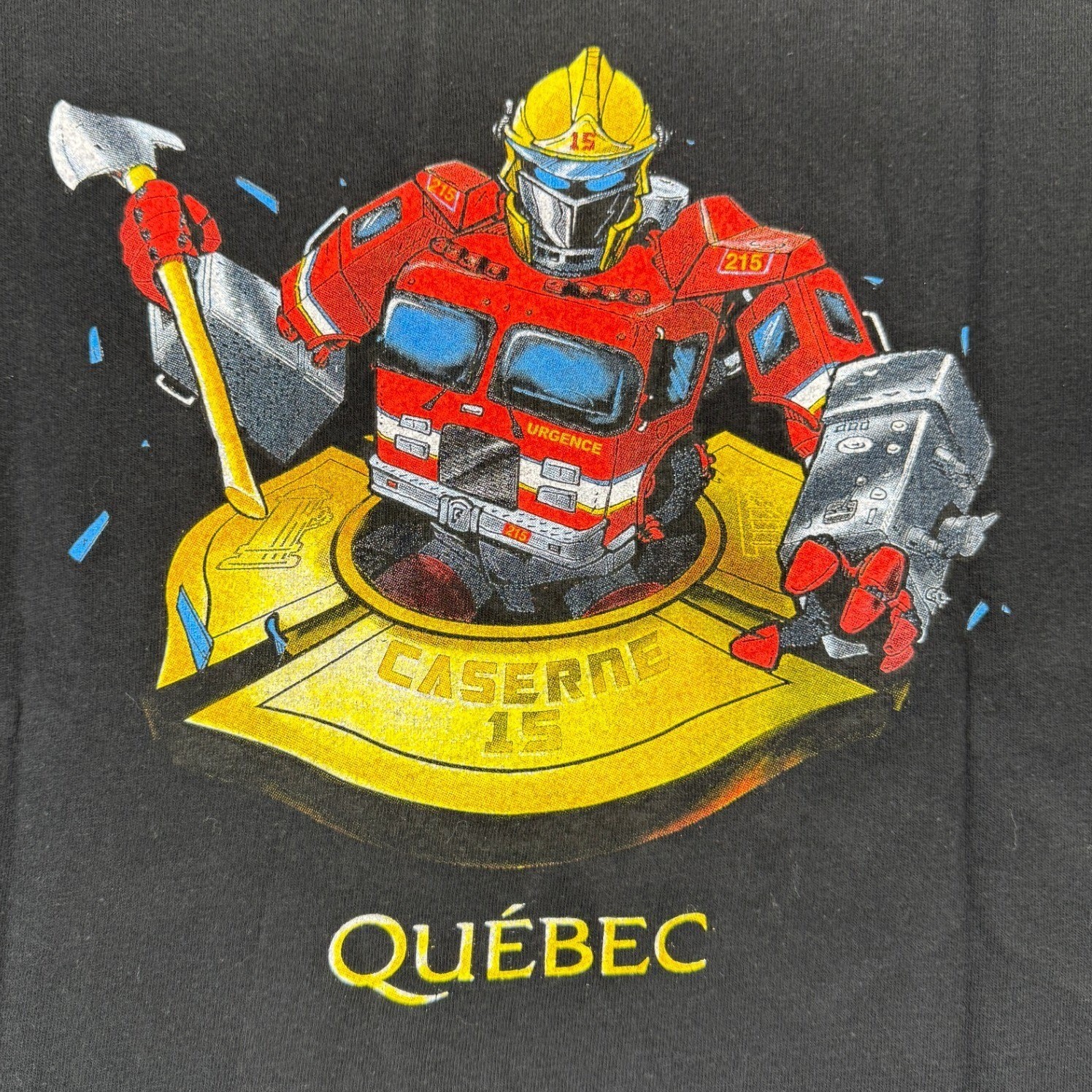 VTG M&O Knits Mens XL Black Firefighter Robot Caserne 15 Quebec Graphic T-Shirt