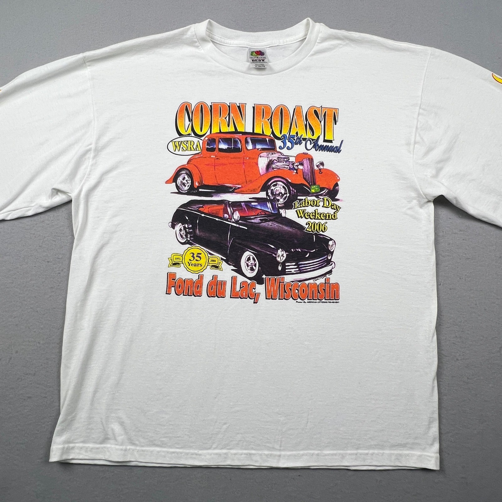 Corn Roast Hot Rod Flame T-Shirt Mens XL Y2K Fruit of Loom Best Tee Wisconsin