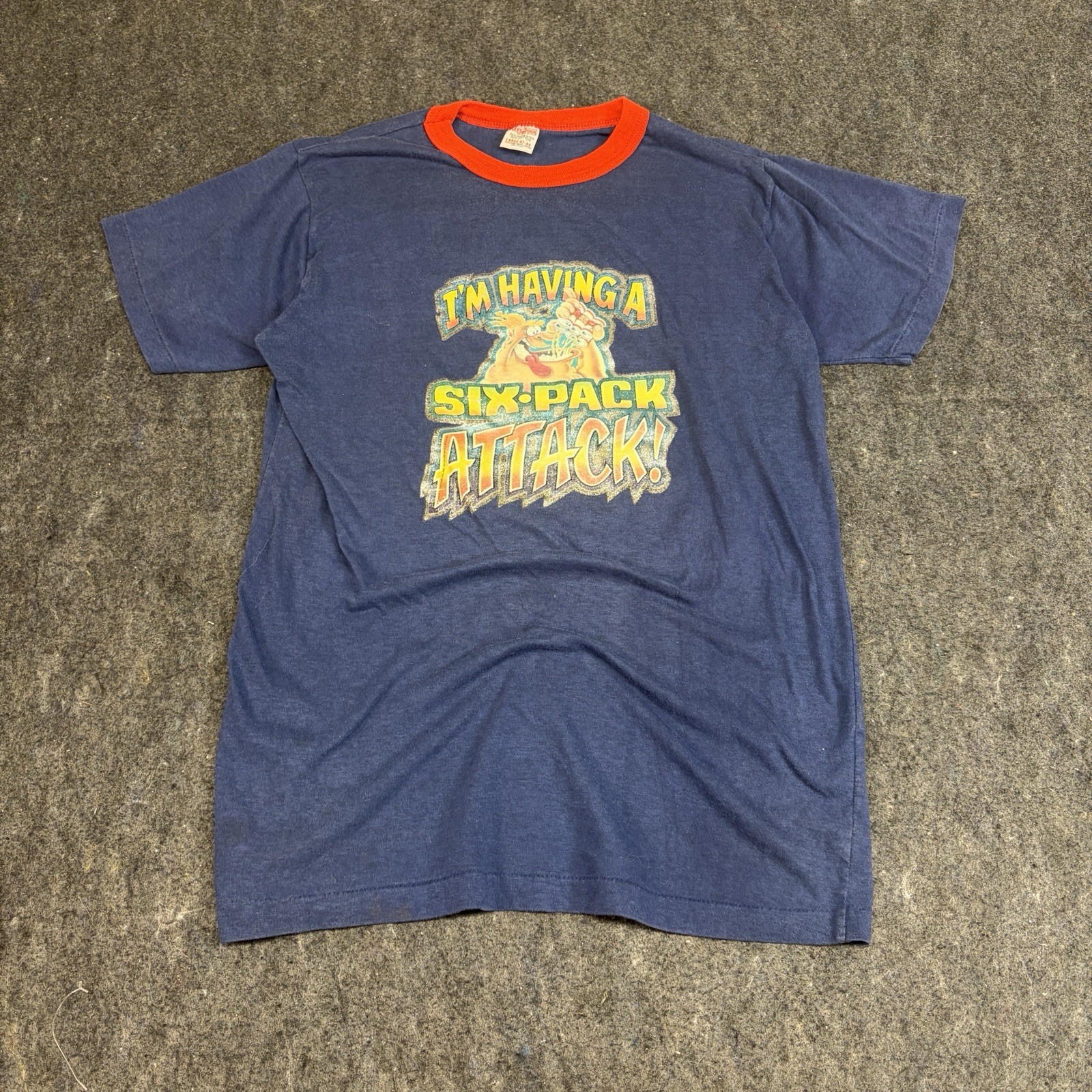 Vintage 1980 Six Pack Attack Iron On Single Stitch Thin 50/50 S Blue T Shirt