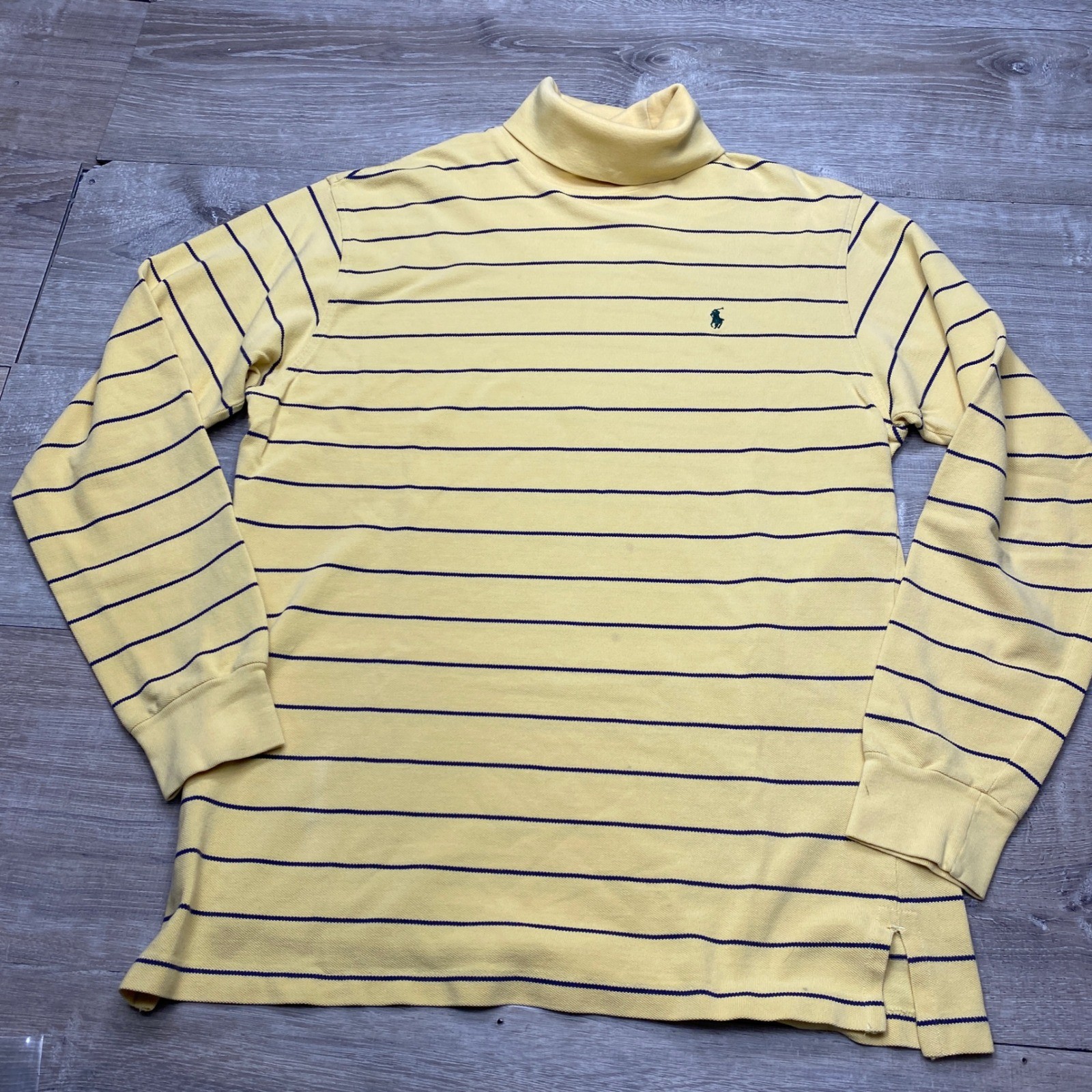Polo Ralph Lauren Turtleneck Shirt Mens Medium Cotton Yellow Navy Stripe Pique