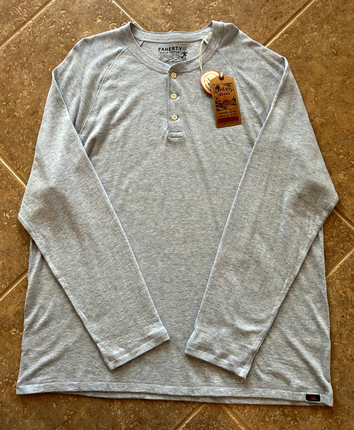 Faherty Cloud Henley T Shirt Mens XXL Light Blue Heather Long Sleeve $98 NWT