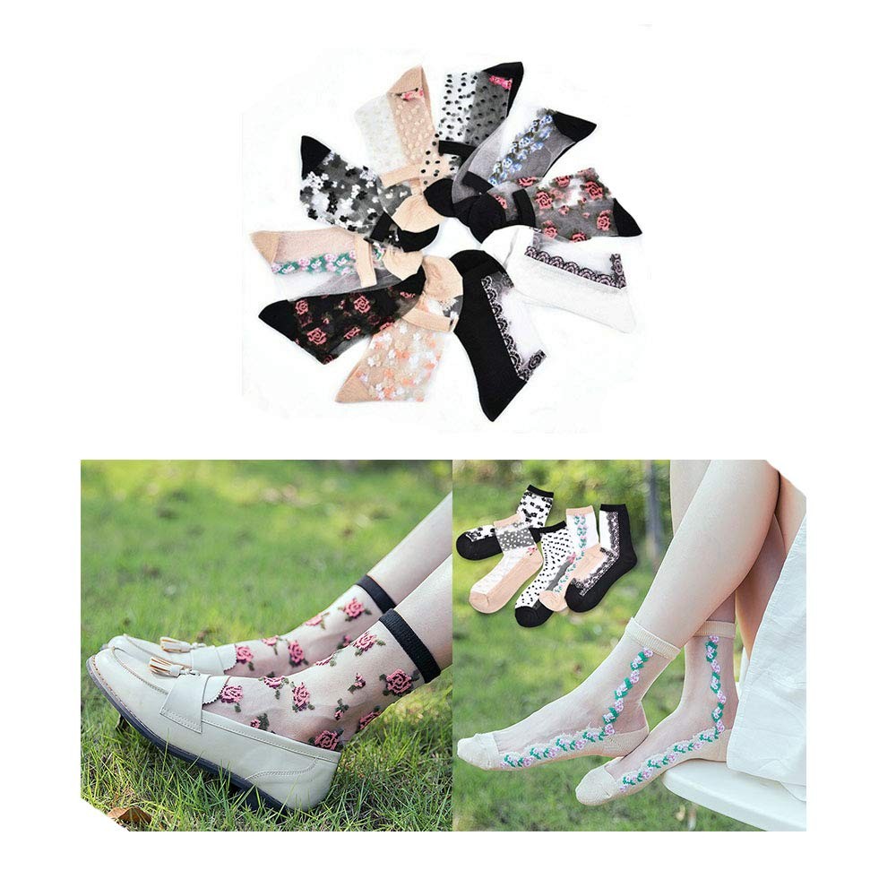 10 Pairs Women&rsquo;s Spring Summer Floral Transparent Thin Short Silk Socks