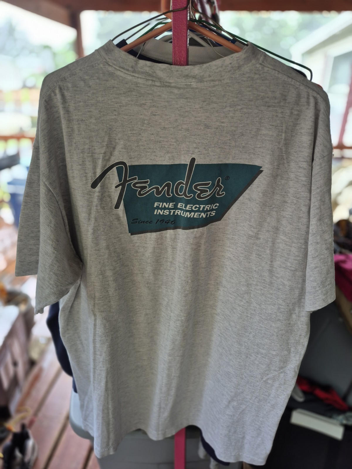 XL 90s Fender Guitar Single Stitch Vintage T-Shirt Grey With Logo Front And Back