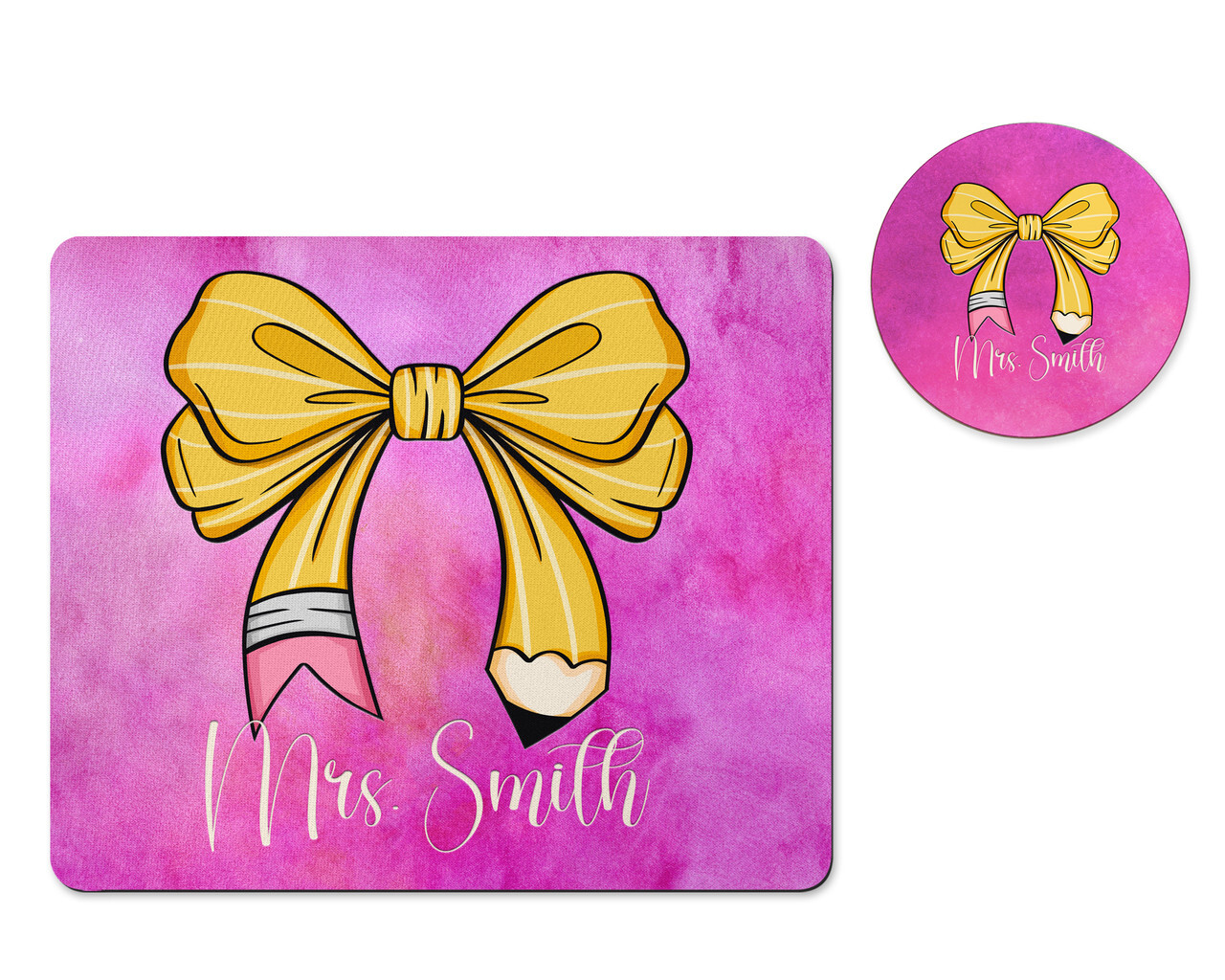 Personalized Teacher Pencil Coquette Bow Mousepad Coaster Desk Set
