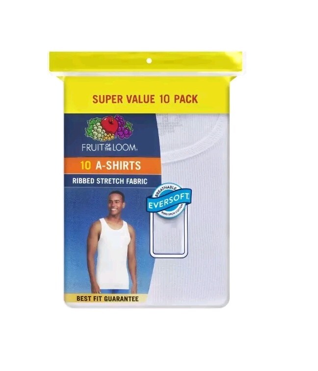 Fruit of the Loom Men&rsquo;s 10 Pack White Ribbed Tag Free Tank A-Shirts Large 42/44