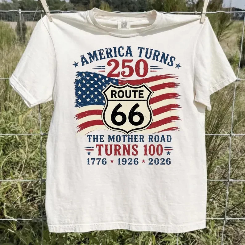 Route 66 100 Years & America 250 T-Shirt, USA 250th Anniversary Gift