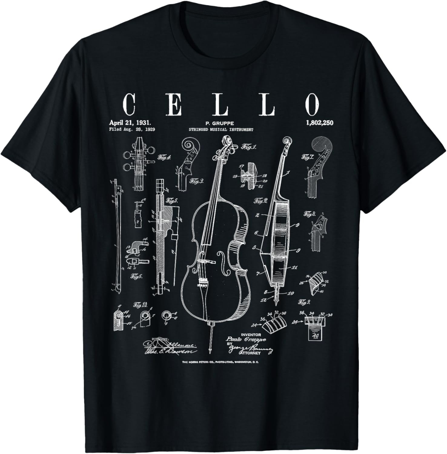 Cello Vintage Patent Cellist Drawing Print T-Shirt