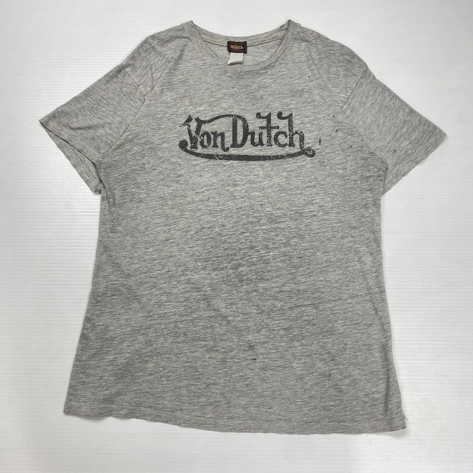 Vtg Von Dutch Script Spellout Logo Mens Shirt M Gray Y2K Retro Punk USA Graphic
