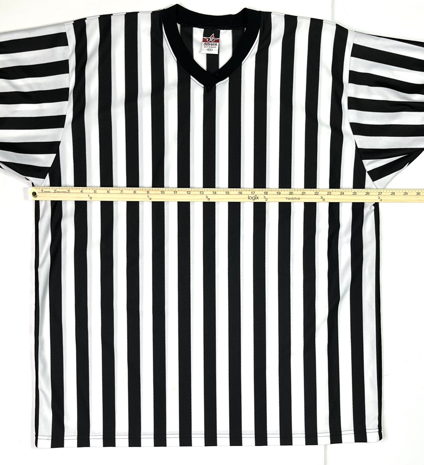 Alleson Athletic Referee Shirt Mens 2XL V-Neck Black & White Striped Jersey