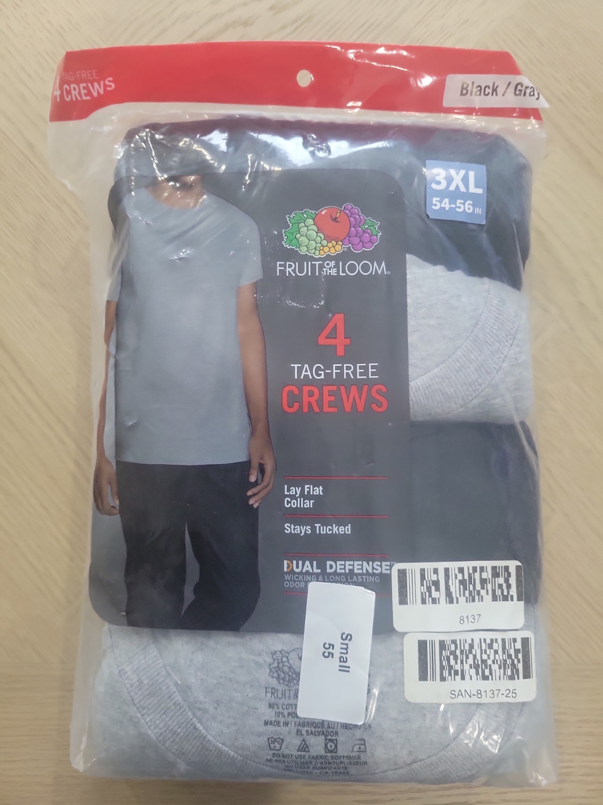 Fruit of the Loom 4-pack Big Men&rsquo;s 3XL Tag-free Crew Neck T-shirts Black Grey