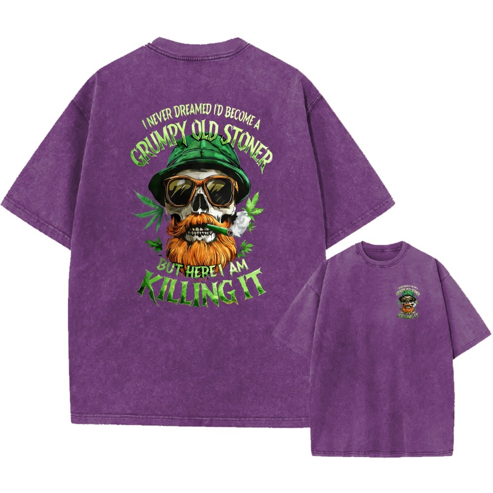 100% Cotton Oversized T-Shirt, Grumpy Old Stoner Skull Graphic Streetwear Tee