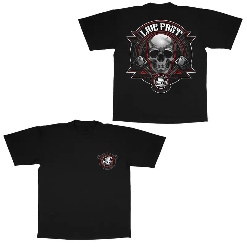 Live Fast Skull Biker Motorcycle Racing Graphic T-Shirt Streetwear Tee