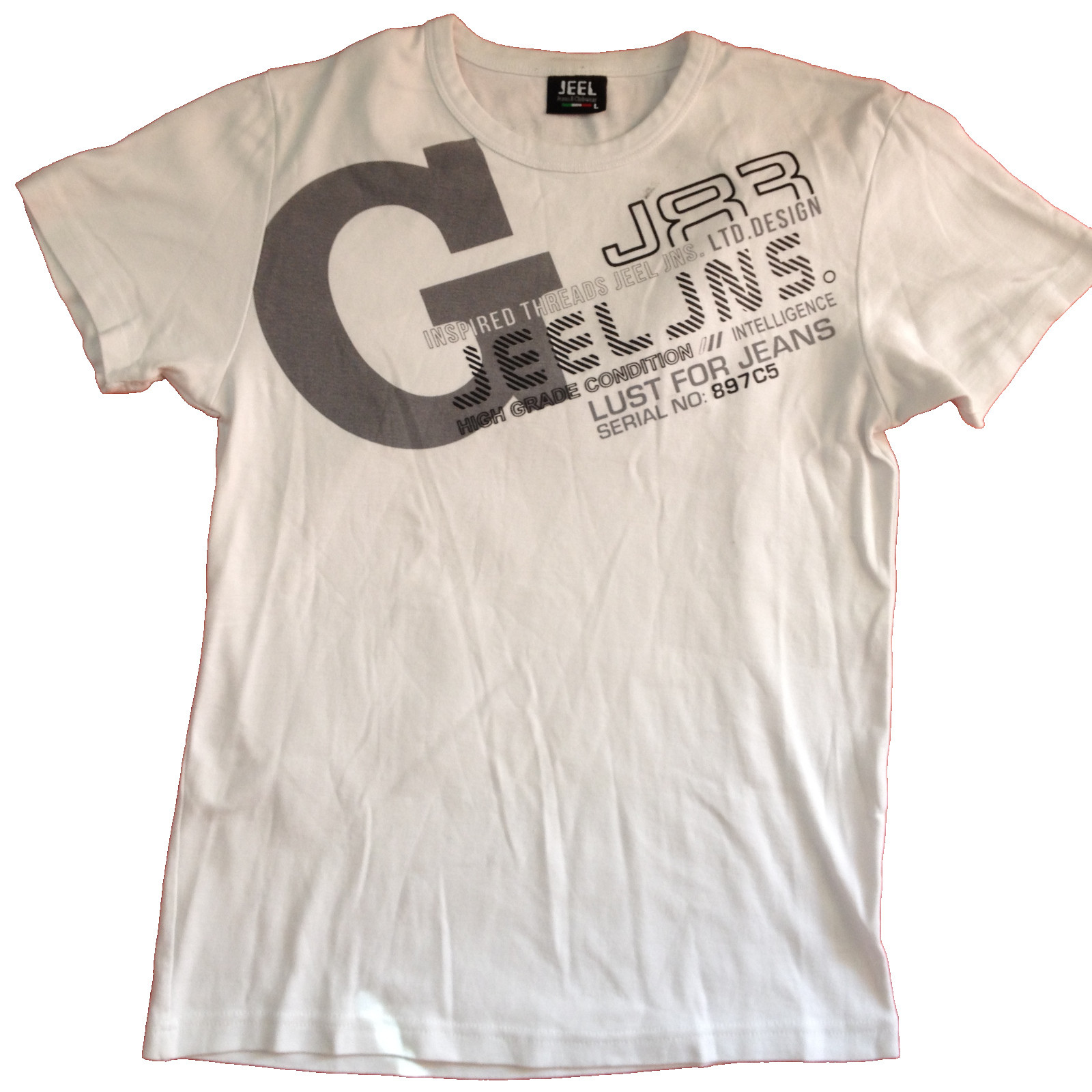 JEEL ITALIAN JEANS CLASSIC WHITE T-SHIRT LARGE SLIM FITTED W/ PRINT