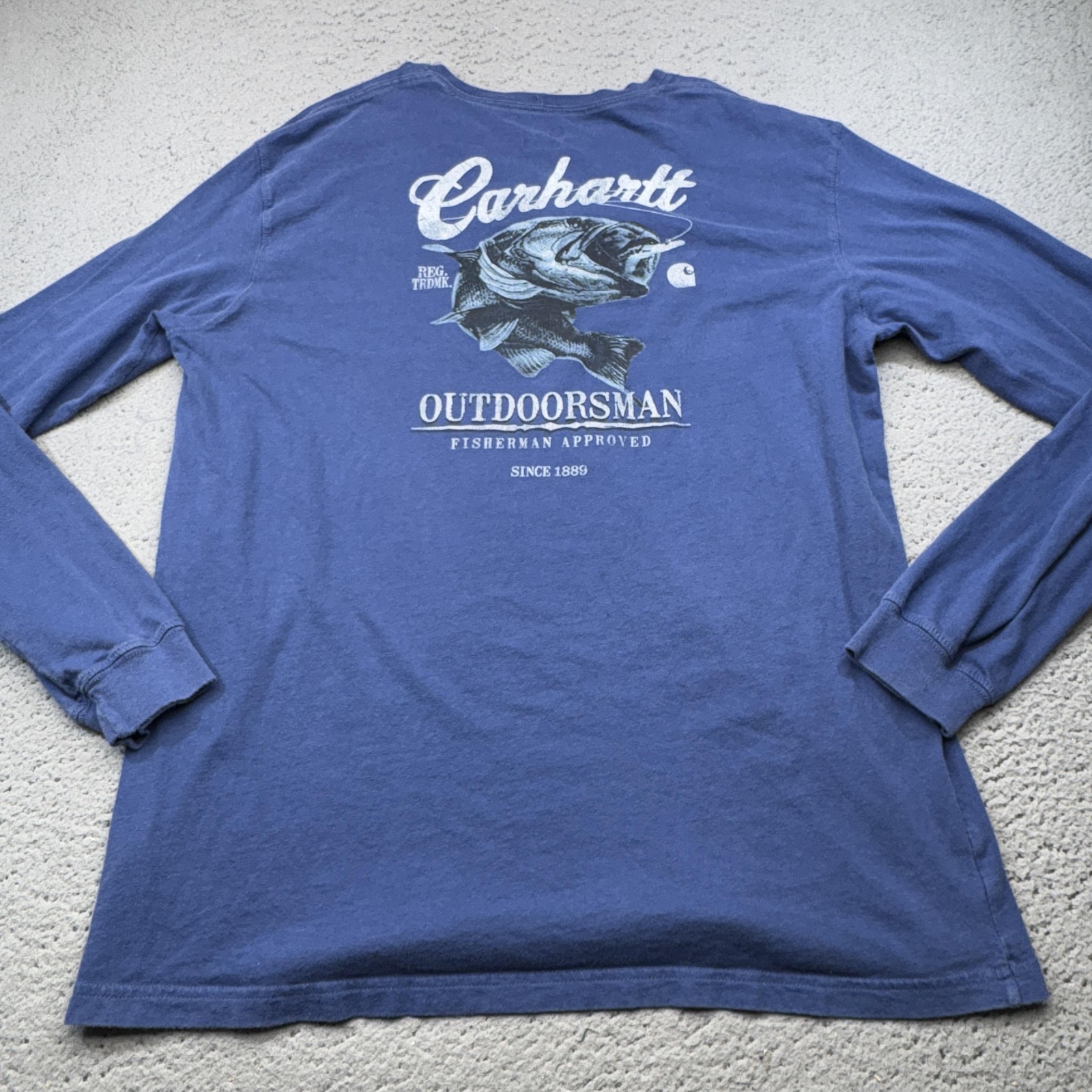 Carhartt Shirt Mens L Blue Outdoorsman Fish Graphic Pocket Long Sleeve