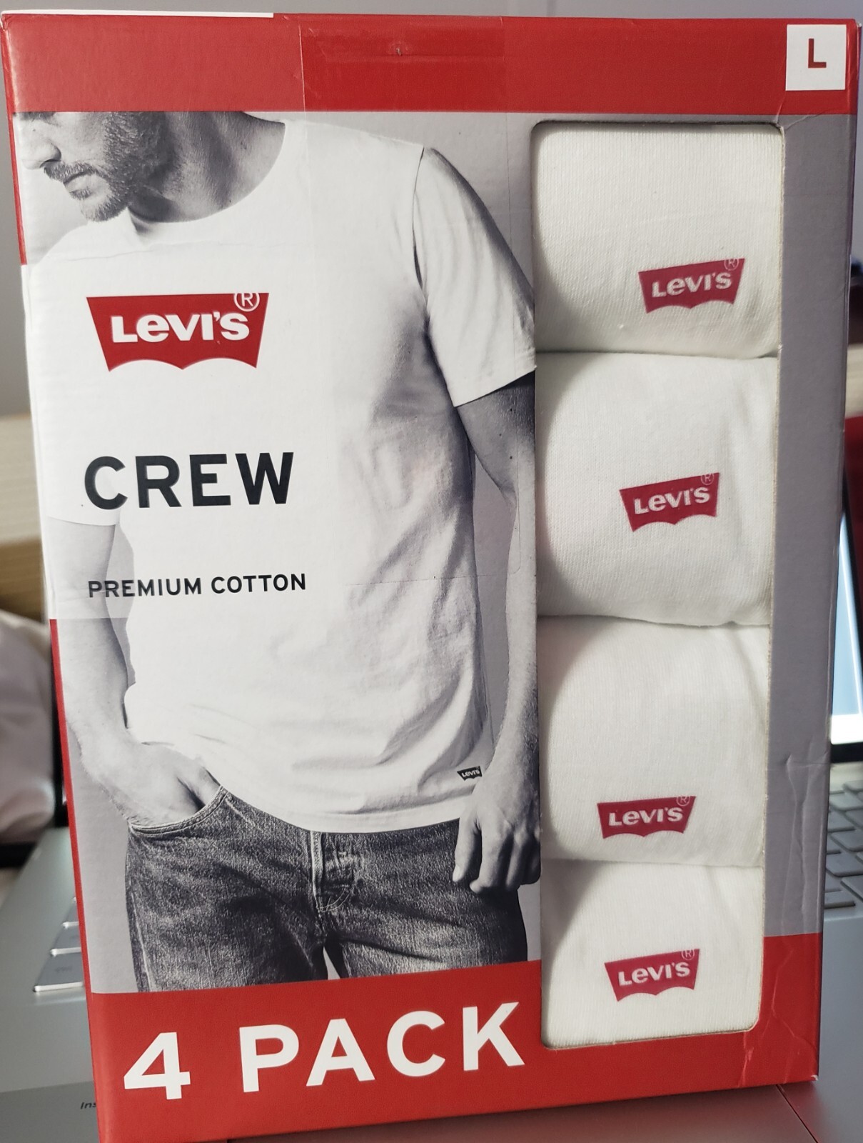 NIB 4 Pack Levi&rsquo;s Crew Neck White Under Tee T-Shirts Mens L Premium Cotton