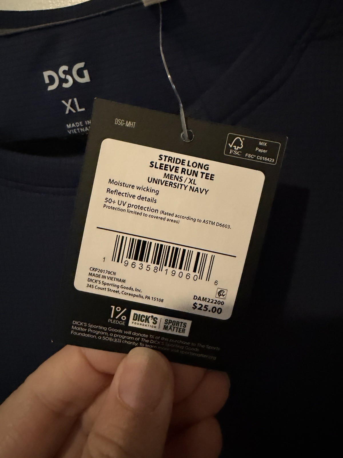 NWT DSG Men&rsquo;s Stride Long Sleeve Run Tee Navy Blue Athletic Size XL Poly Light