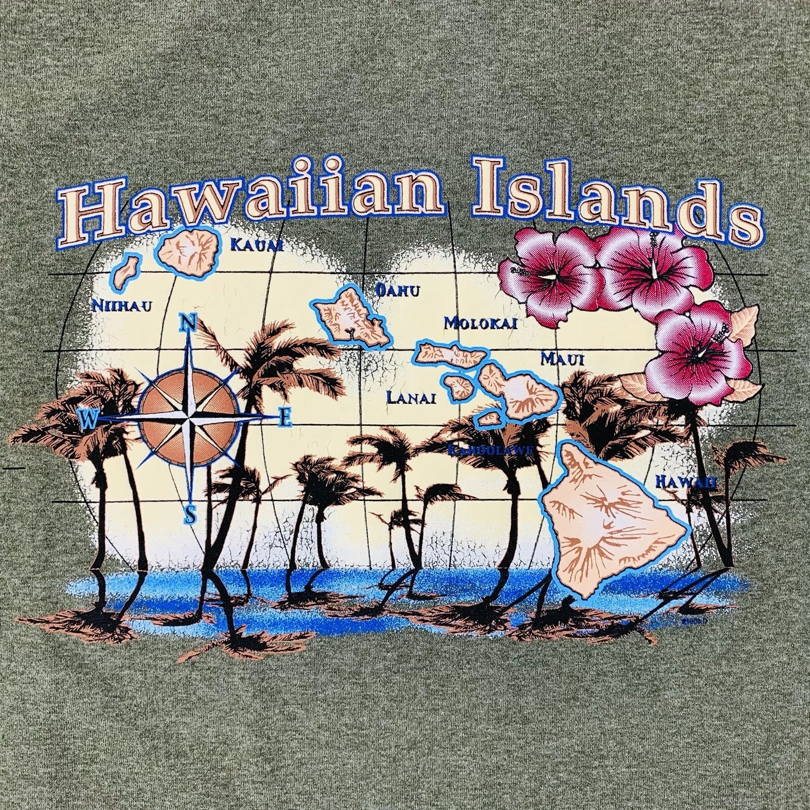 Hawaiian Tropical T-Shirt Mens Hawaiian Islands Heather Army Green 2XL NWOT
