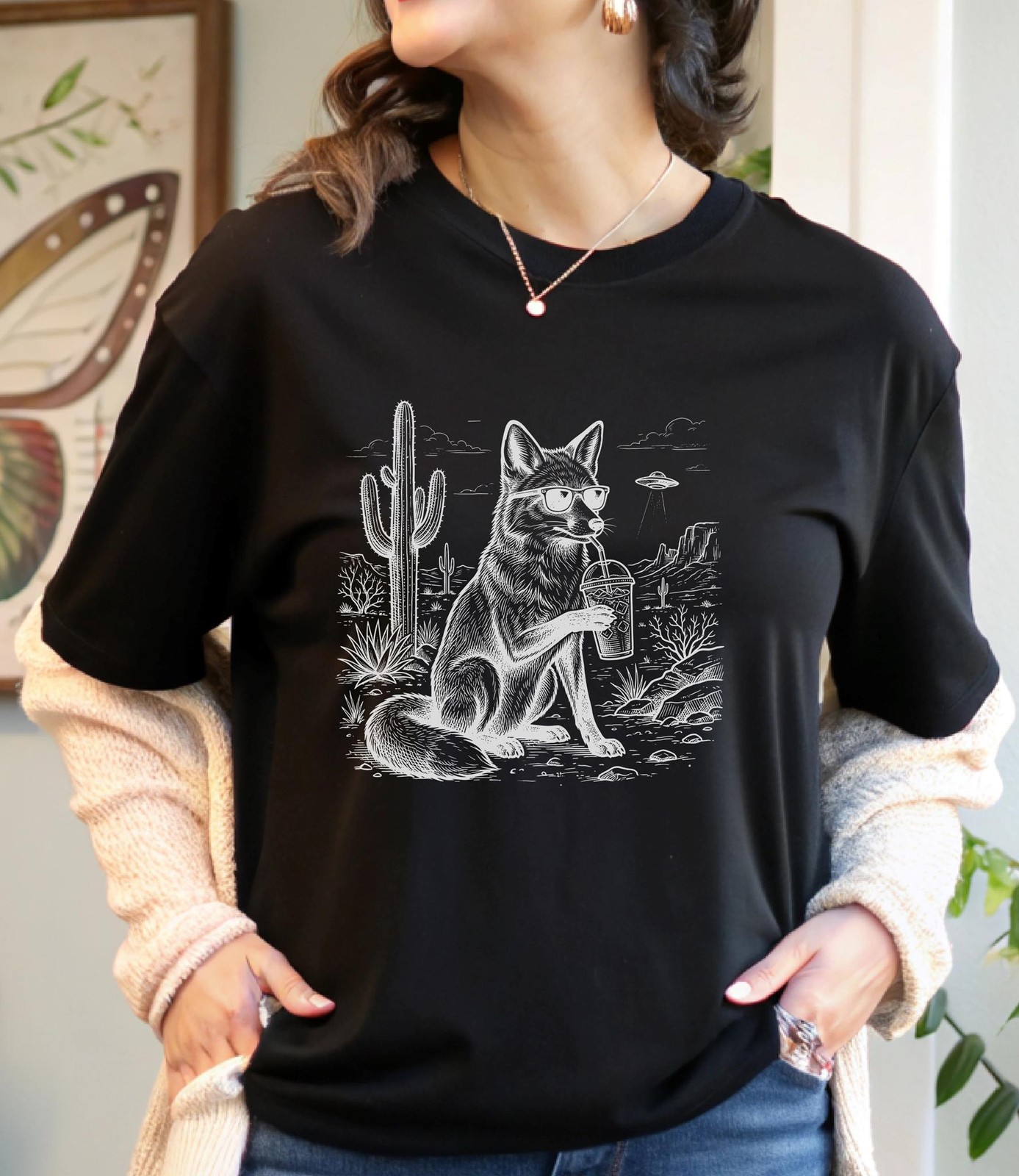 Quirky Desert Fox T-Shirt, Cool Animal in Sunglasses with Iced Drink, Alien UFO
