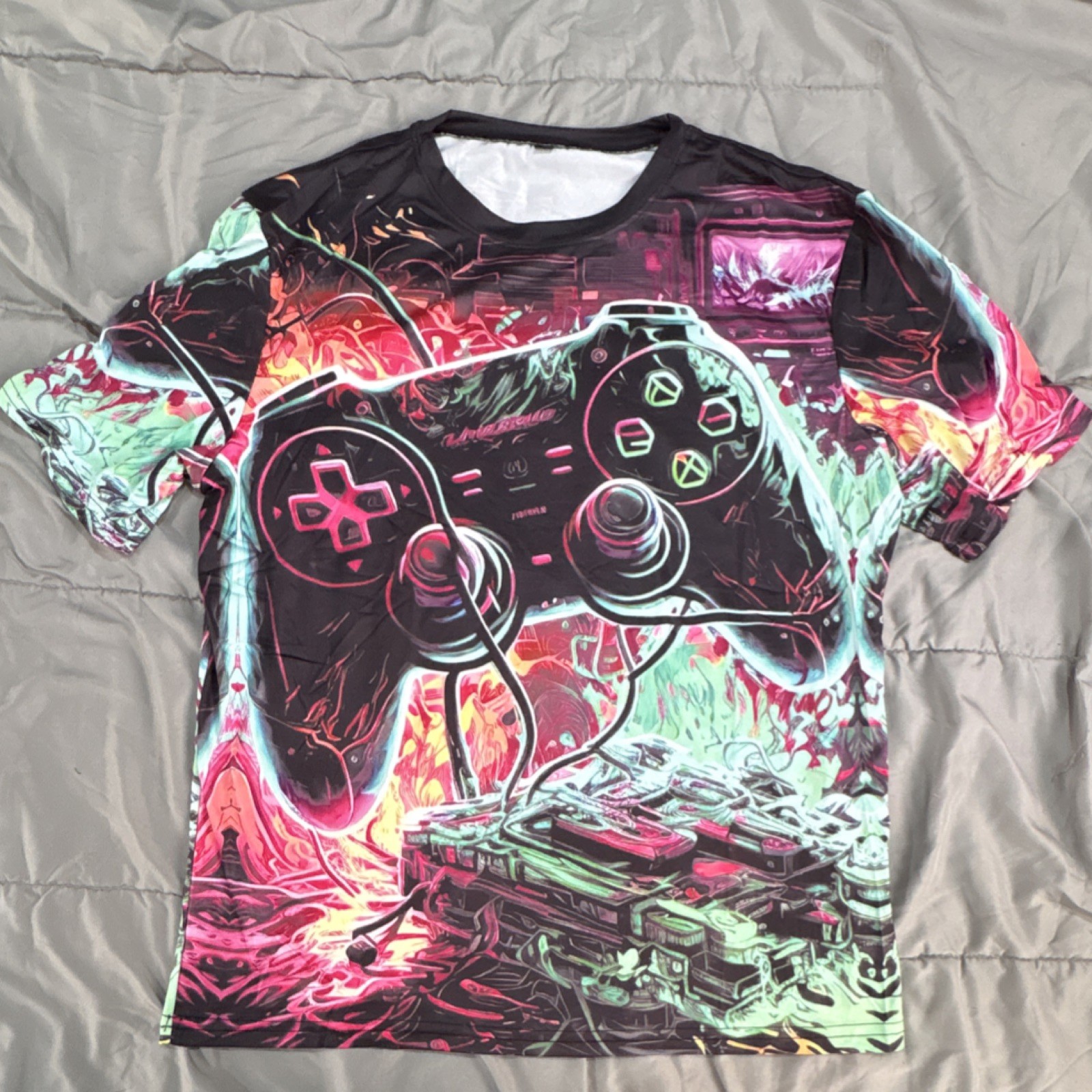 Men&rsquo;s Multicolor Polyester Elastane Graphic Gaming T-Shirt Crew Neck M A2