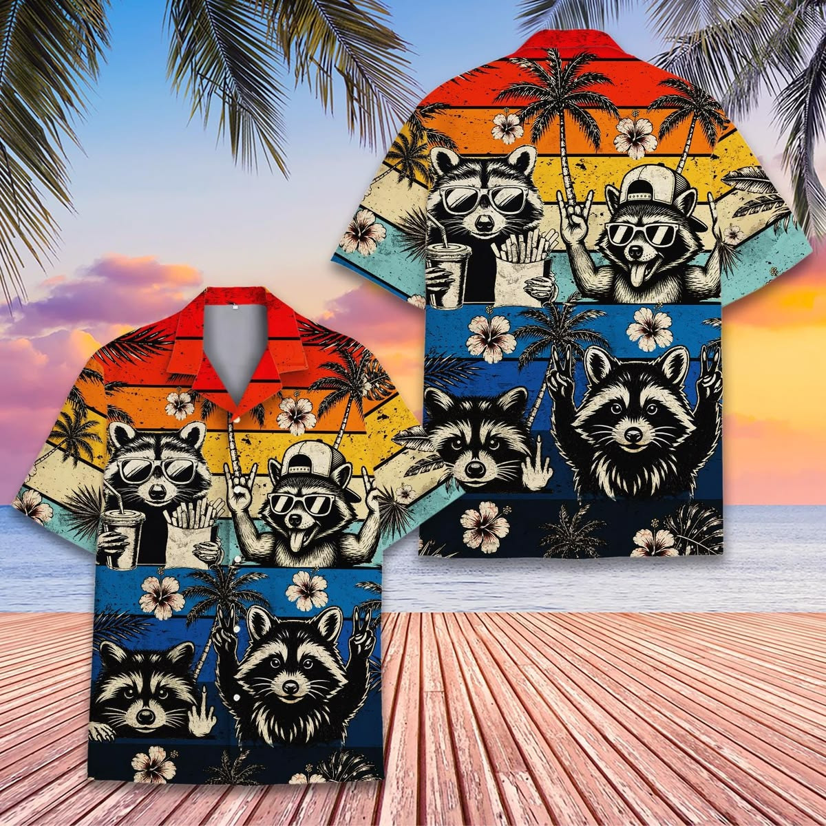 Retro Raccoon Hawaiian Funny Cartoon Raccoons Beach Summer Vacation Party Shirt