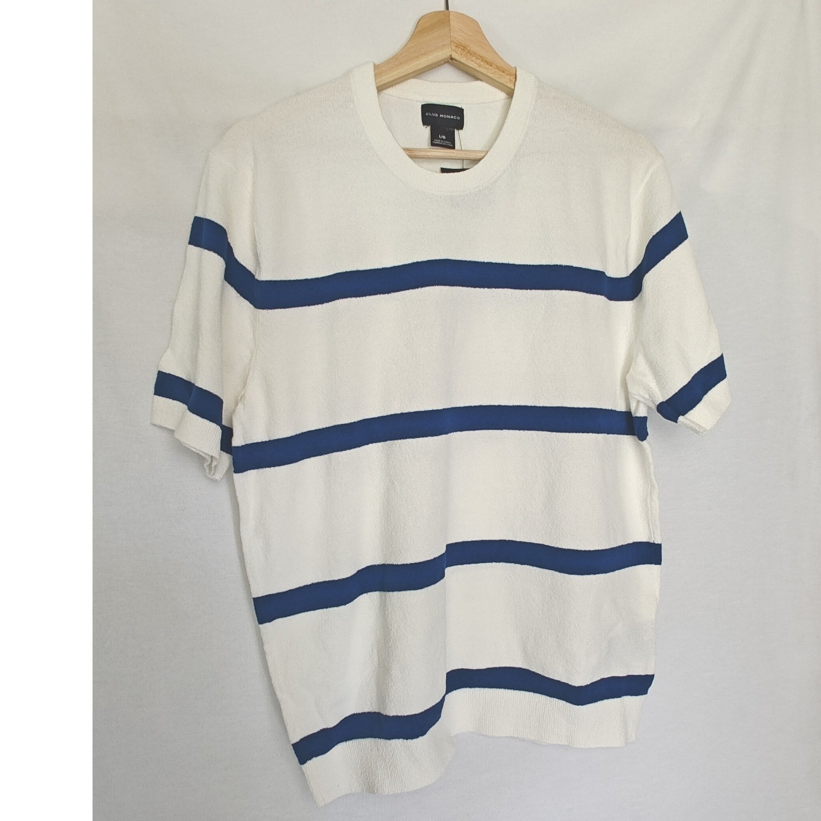 Club Monaco Sweater Tee Short Sleeve Micro Boucle Striped White Blue L New