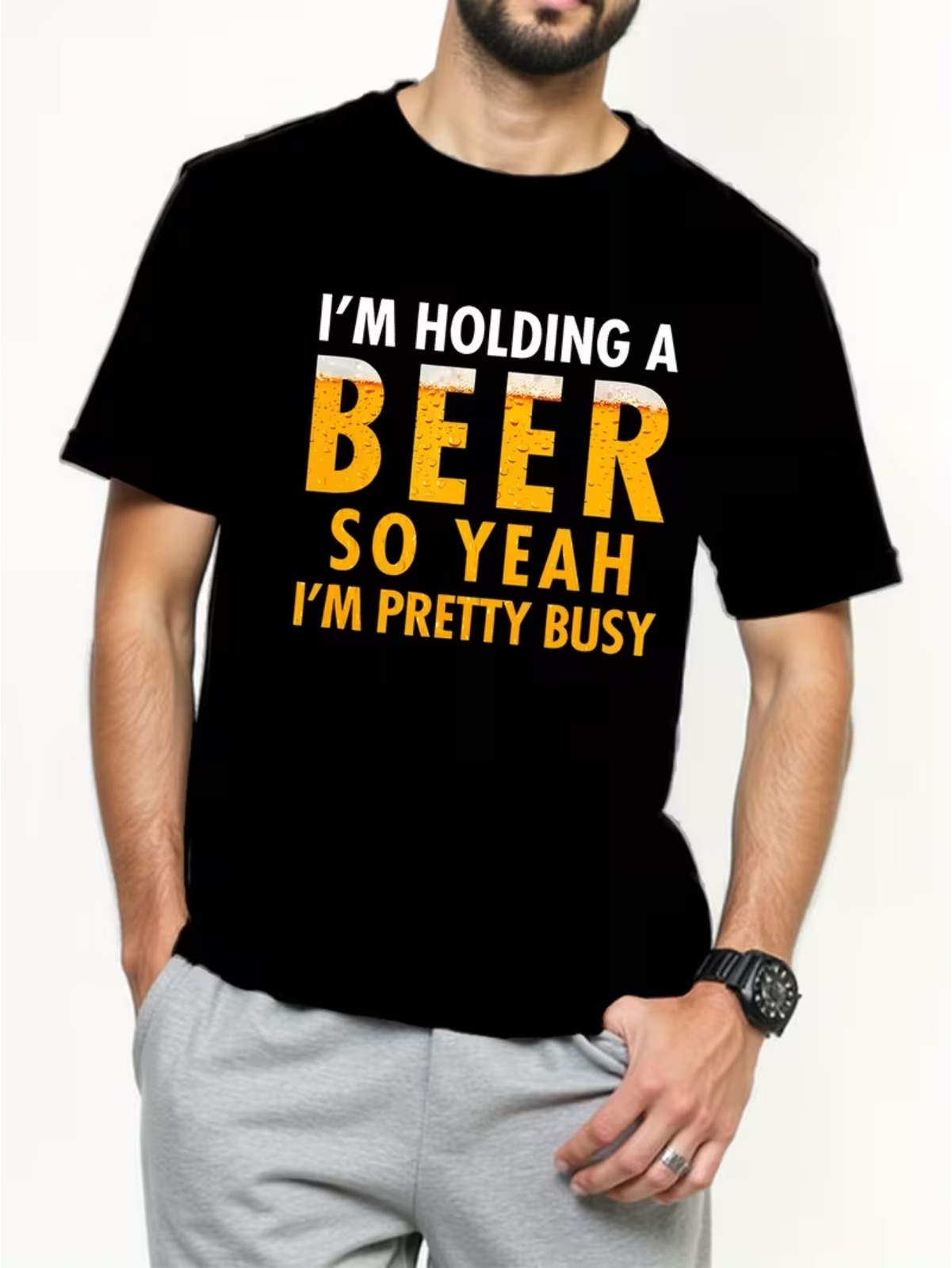 Men&rsquo;s Fashion T-Shirt, Casual Tee with Printed Beer Graphic, Round Neck, Summe