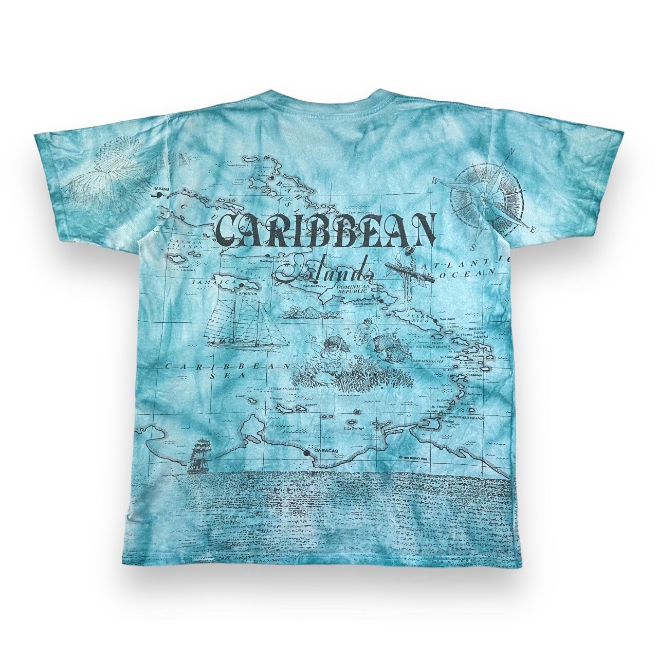 Vintage 90s All Over Print Caribbean T Shirt Mens Large Blue Map Multicoloured