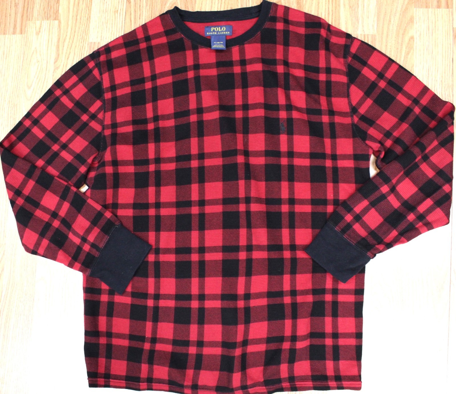 POLO RALPH LAUREN THERMAL/ WAFFLE KNIT 100% COTTON SHIRT RED & BLACK LARGE, L