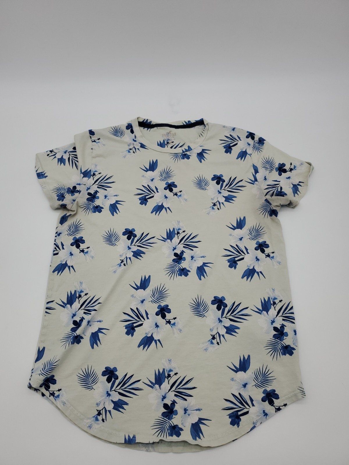 Hollister Curved Hem Tee Small Logo Mens Beige Blue Flower Floral shirt..#42829