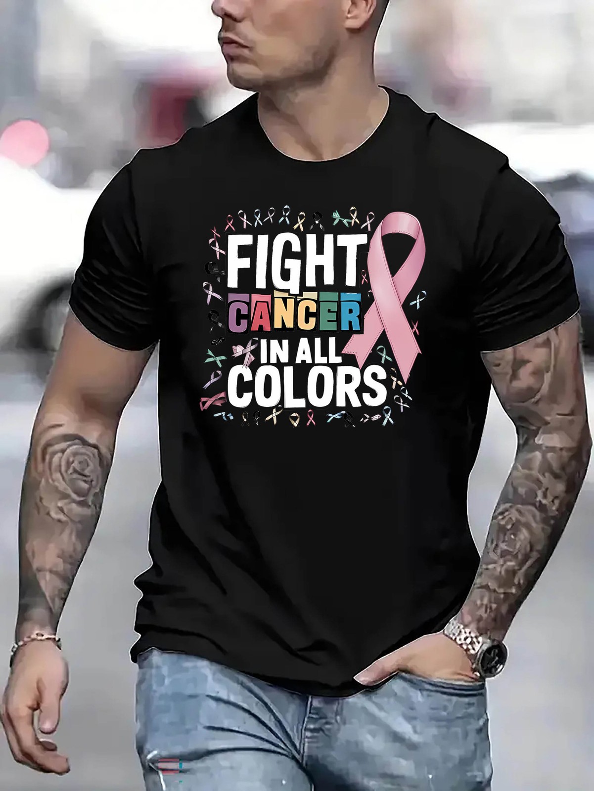 Creative Design with Colorful Letter Patterns,Men&rsquo;S Trendy Round-Neck Short-S