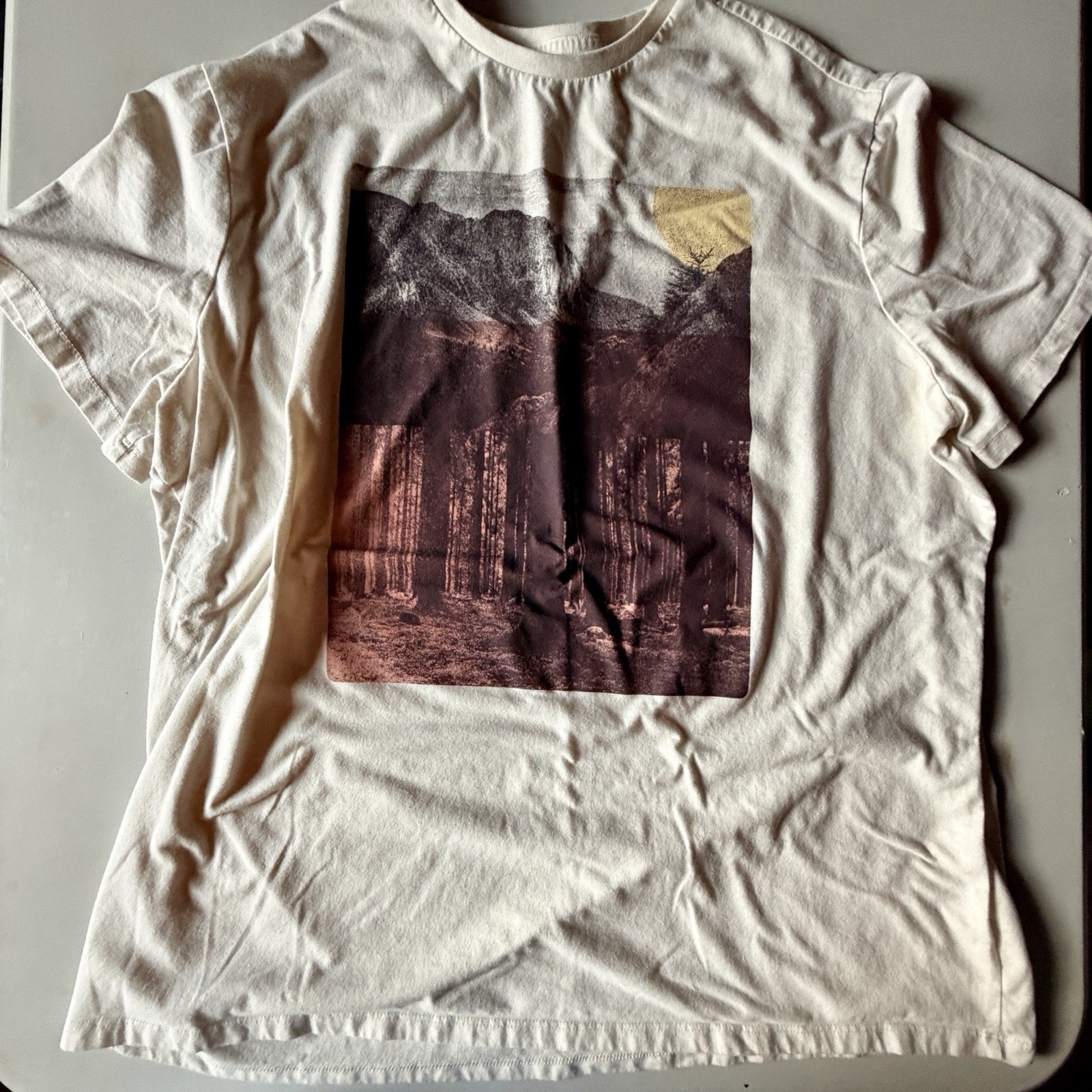 Mens XXL Graphic T Shirt short Sleeve cream color Mountains Trees Forest Floor
