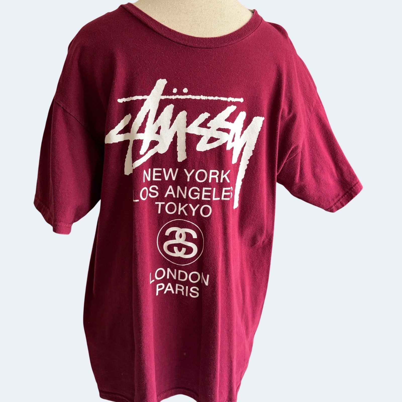 Stussy Burgundy World Tour Graphic T-Shirt Size Large Streetwear Skater Tee