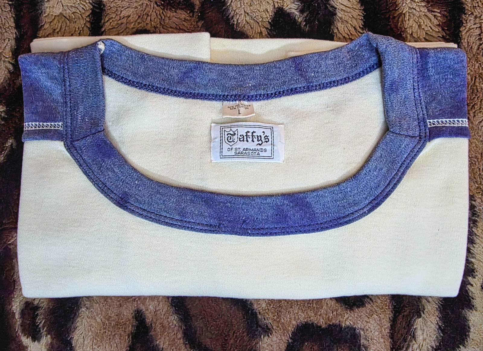 VTG 70s Taffys St Armands Sarasota Ringer Panel Tee Shirt Mens L Cream Blue USA