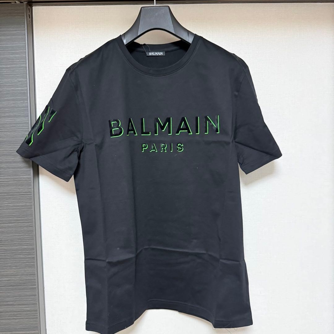 Balmain Men&rsquo;s Logo T-Shirt Black Green Foil Velour