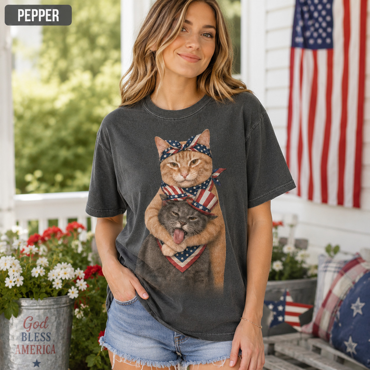 Patriotic Cat Vintage Retro Shirt Funny 4th July Two Cats Cat Lover Gift Tee