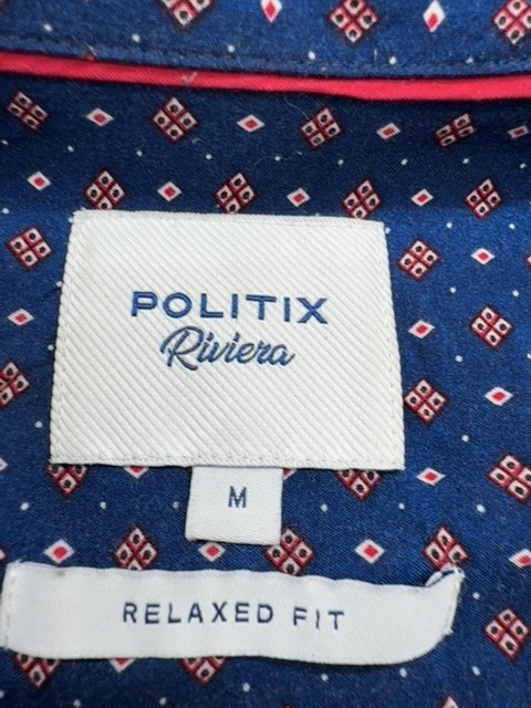 POLITIX Mens Shirt Blue Geometric Button Fly Loose Fit M Used
