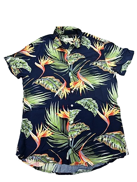 Blend Mens Shirt Navy Blue Tropical Floral Button Up XL Short Sleeve 20715450