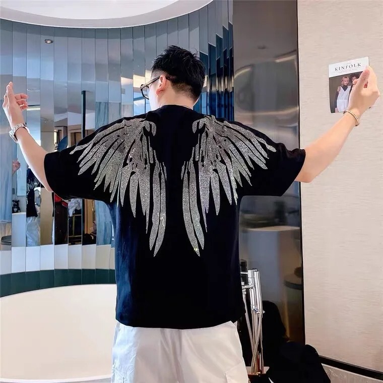 Fashion Men Trend Wings Drills Rhinestone Diamond Summer Luxury Cotton T-Shirt