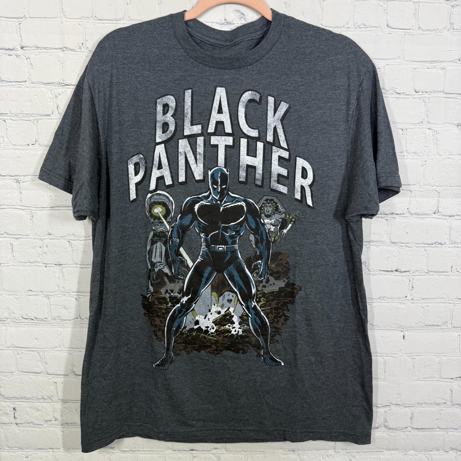 Marvel Black Panther Shirt Men Large Dark Gray Distressed Retro Comic Book logo
