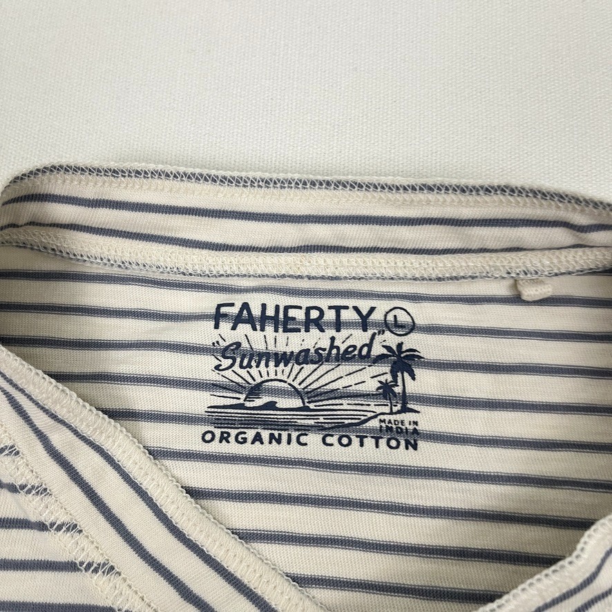 Faherty Shirt Mens L Ivory Blue Striped Organic Cotton Slub Henley Casual SS
