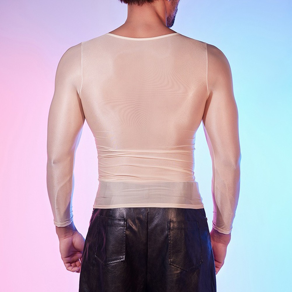 Sexy Lingerie Men&rsquo;s Oil Shiny Long Sleeve Sheer Tights O Neck Top Shirt