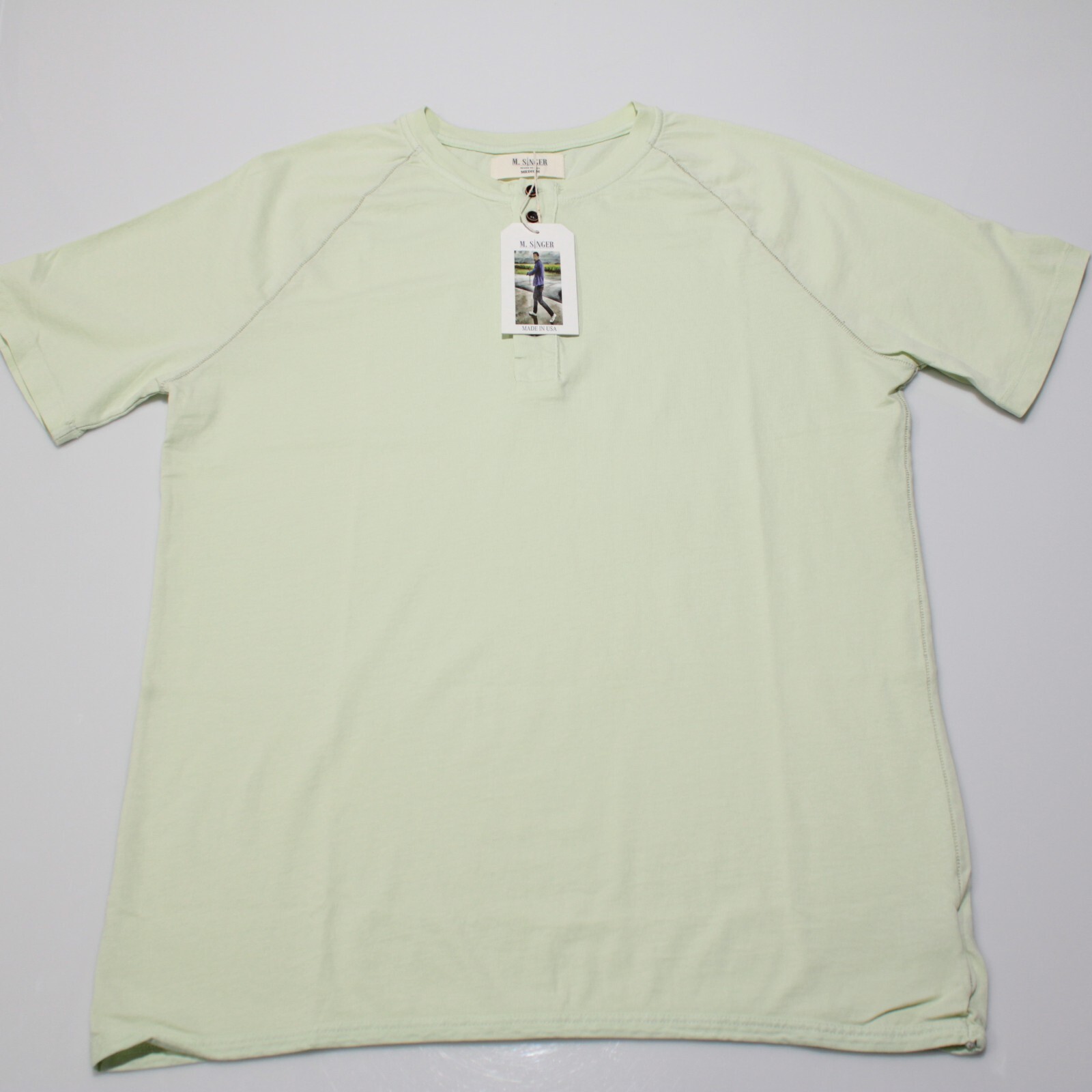 M. Singer NWT Short Sleeve Henley T-Shirt Size Medium in Apple Green 100% Cotton